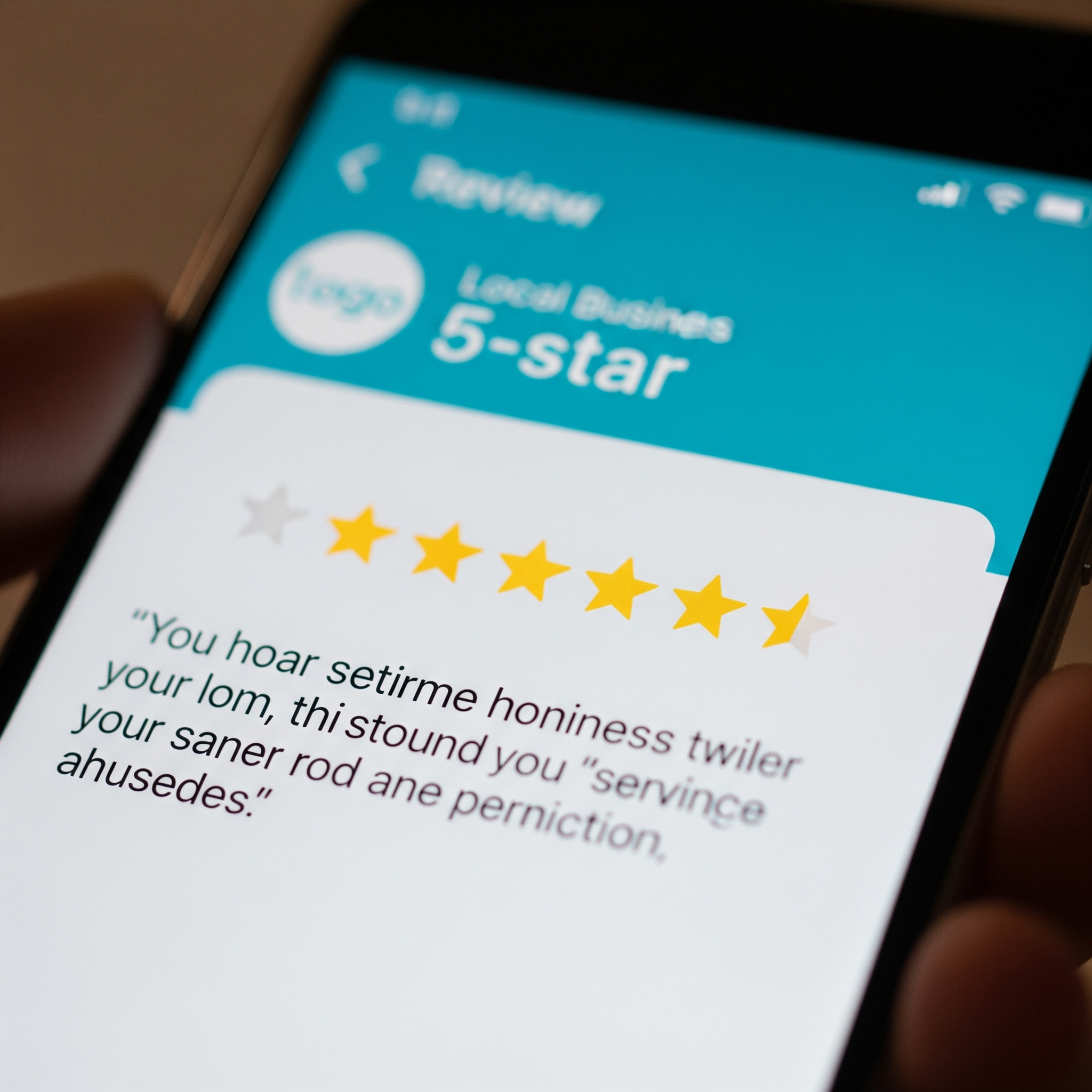 A smartphone displaying a glowing five-star review for a local plumbing business.